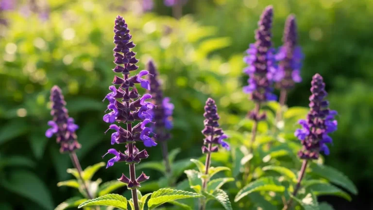 Salvia nemorosa May Night – fioletowe kwiaty na tle zielonej roślinności w ogrodzie