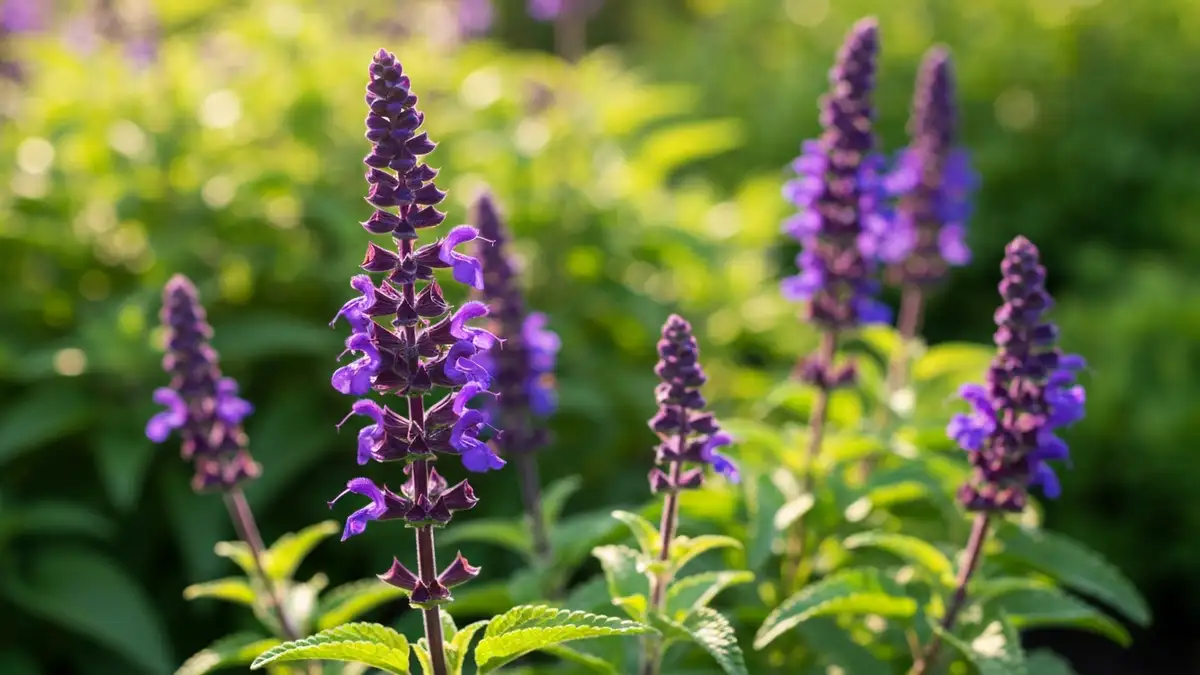 Salvia nemorosa May Night – fioletowe kwiaty na tle zielonej roślinności w ogrodzie