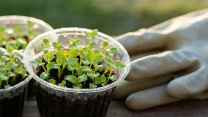Rozsada selerów korzeniowych w plastikowych pojemnikach, gotowa do hartowania