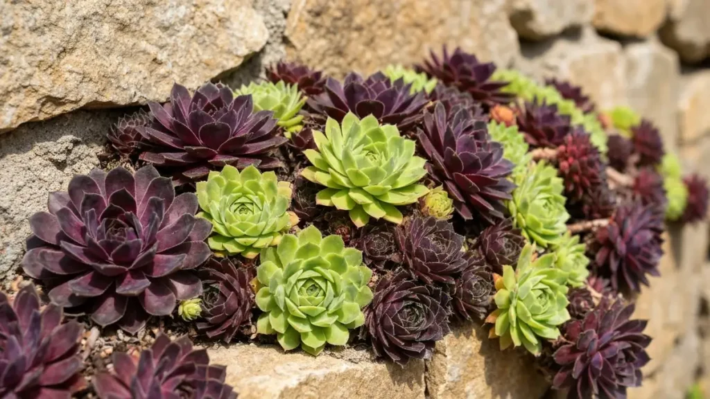 Kolekcja rozetek sempervivum w różnych kolorach: czarne, fioletowe, zielone, na murze ogrodowym