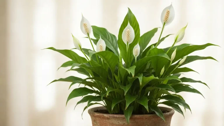 Skrzydłokwiat (spathiphyllum) z białymi kwiatami i zdrowymi zielonymi liśćmi w doniczce