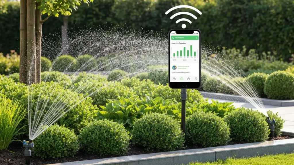 Nowoczesny system smart nawadniania w ogrodzie domowym z czujnikami WiFi i sterownikiem