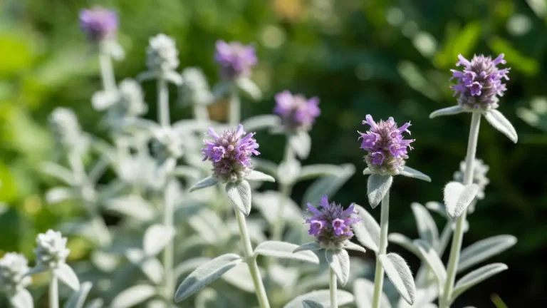 Stachys byzantina czyściec wełnisty srebrne liście i fiołkowe kwiaty w ogrodzie