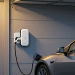 Stacja ładowania Wallbox zamontowana na ścianie garażu, z samochodem elektrycznym podłączonym do ładowania