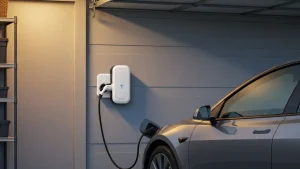 Stacja ładowania Wallbox zamontowana na ścianie garażu, z samochodem elektrycznym podłączonym do ładowania