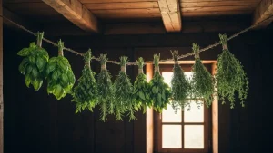Zioła zwieszone do suszenia na powietrzu w ciemnym pomieszczeniu z dobrą wentylacją