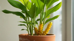 Szafranka (Curcuma longa) w doniczce z żółtymi kłączami i zielonymi liśćmi