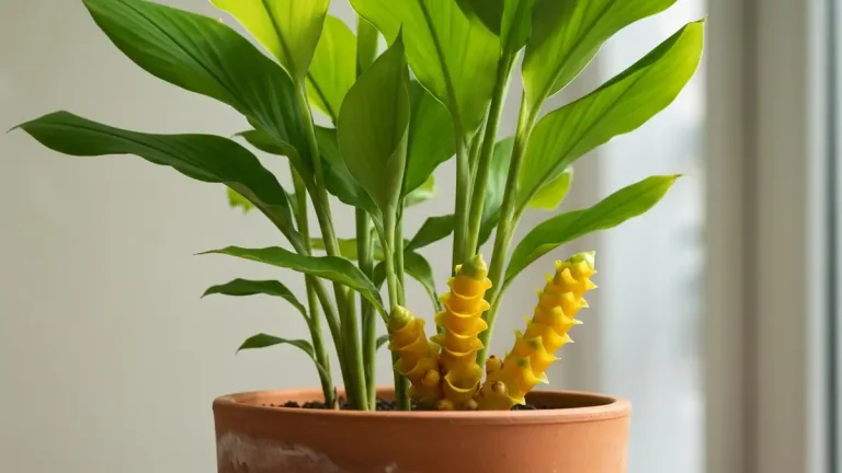 Szafranka (Curcuma longa) w doniczce z żółtymi kłączami i zielonymi liśćmi