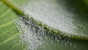 Szara pleśń (botrytis) na liściu – zbliżenie mikroskopowe z białym nalotem i strzępkami grzyba