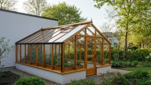 Szklarnia lean-to przyścienna przyczepiona do ściany domu z jednoskośnym dachem