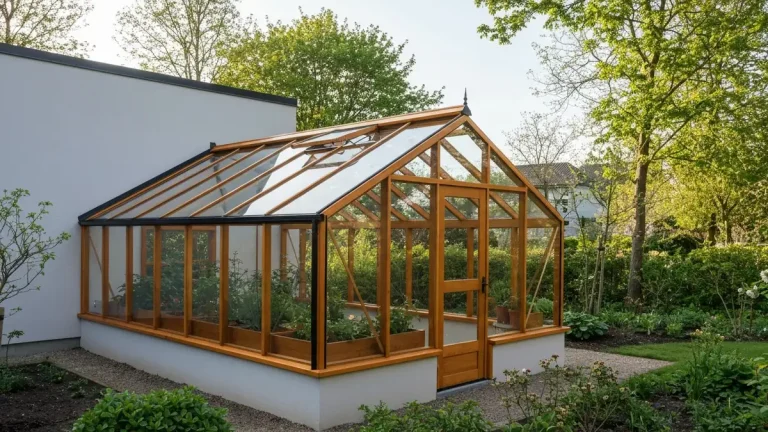 Szklarnia lean-to przyścienna przyczepiona do ściany domu z jednoskośnym dachem