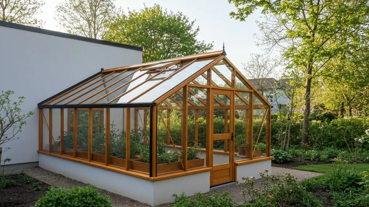 Szklarnia lean-to przyścienna przyczepiona do ściany domu z jednoskośnym dachem