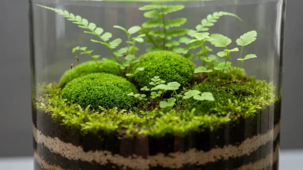 Gotowe terrarium roślinne w szklanym słoiku z mchami, malinką i drobnymi roślinami doniczkowymi tworzy miniaturowy las