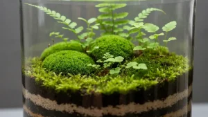 Gotowe terrarium roślinne w szklanym słoiku z mchami, malinką i drobnymi roślinami doniczkowymi tworzy miniaturowy las