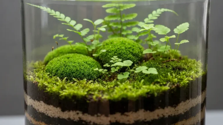 Gotowe terrarium roślinne w szklanym słoiku z mchami, malinką i drobnymi roślinami doniczkowymi tworzy miniaturowy las