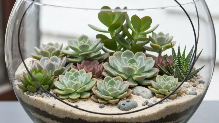 Piękne terrarium ze sukulentami w szklanym pojemniku z dodatkami dekoracyjnymi