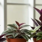 Tradescantia zebrina z purpurowymi pasami na liściach, pełzająca roślina w białej doniczce na parapecie