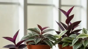 Tradescantia zebrina z purpurowymi pasami na liściach, pełzająca roślina w białej doniczce na parapecie