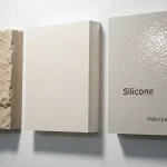Różne rodzaje tynków dekoracyjnych na próbkach ścian – mineralne, akrylowe i silikonowe z różnymi efektami tekstur