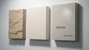 Różne rodzaje tynków dekoracyjnych na próbkach ścian – mineralne, akrylowe i silikonowe z różnymi efektami tekstur