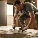 Pracownik nakładający klej do płytek ceramicznych szpatułką na podłoże w kuchni