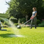 Pracownik sypujący wapno na trawę przy użyciu rozsiewacza, na tle słoneczny ogród z zieloną trawą