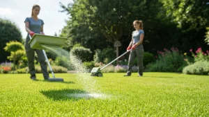 Pracownik sypujący wapno na trawę przy użyciu rozsiewacza, na tle słoneczny ogród z zieloną trawą