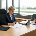 Urzędnik przygotowuje dokumenty i plan sytuacyjny do wniosku o warunki zabudowy, nowoczesny biuro samorządowe