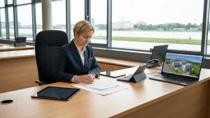 Urzędnik przygotowuje dokumenty i plan sytuacyjny do wniosku o warunki zabudowy, nowoczesny biuro samorządowe