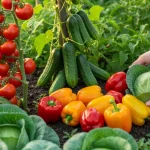 Warzywa na przetwory w ogrodzie – pomidory, ogórki, papryka i kapusta gotowe do zbiórki