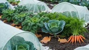 Warzywa zimowe rosnące w ogrodzie od listopada do marca – widoczna kapusta, kale i marchew pokryte ineem