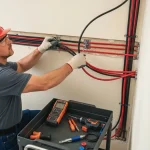 Elektryk wymienia przewody w instalacji elektrycznej w domu