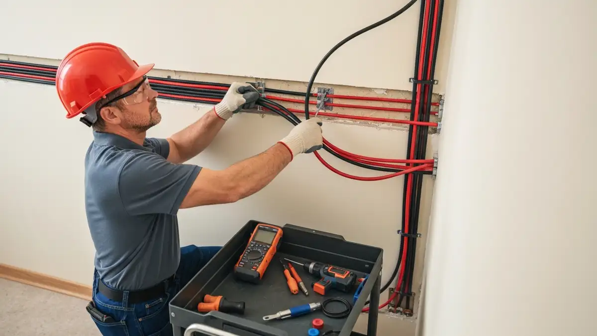 Elektryk wymienia przewody w instalacji elektrycznej w domu