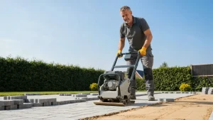 Pracownik ubija podłoże zagęszczarką wibracyjną przy brukach z kostki brukowej