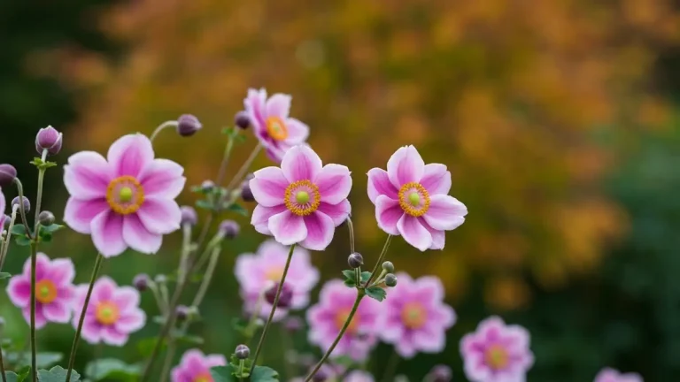 Zawilec japoński różowy Honorine Jobert kwitnący w rabinie jesiennej