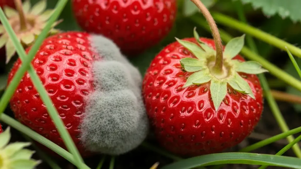Zgnilizna szara (Botrytis cinerea) na owocach truskawek – widoczna szara pleśń i rozmięczenie