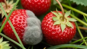 Zgnilizna szara (Botrytis cinerea) na owocach truskawek – widoczna szara pleśń i rozmięczenie