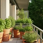 Balkon z doniczkami zawierającymi świeże zioła aromatyczne: bazylia, mięta, oregano w słonecznym miejscu