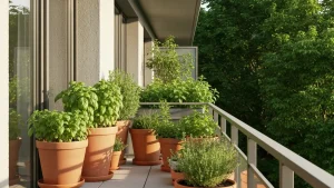 Balkon z doniczkami zawierającymi świeże zioła aromatyczne: bazylia, mięta, oregano w słonecznym miejscu